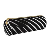 Black And White Line Design Pencil Case Bag Pouch Pu Leather Round Small Capacity Pen Pouch Storage Bag With Zipper