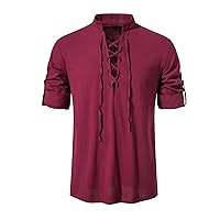 Men's Traditional Linen Cotton Shirt Renaissance Medieval Retro Lace Up Top Roll Up Long Sleeve V Neck Shirt
