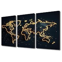 TUMOVO 3 Pieces Canvas Wall Art for Living Room Office Wall Decor World Map Canvas Wall Art Yellow Map of The World Stretched Canvas for Home Wall Decoration