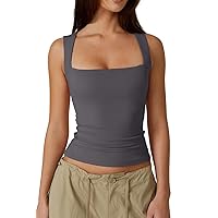 QINSEN Women's Square Neck Sleeveless Double-Layer Tank Tops Basic Tight T Shirts