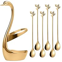 AnSaw Gold Small Swan Base Holder With Gold 6Pcs 6.5Inch leaf Handle Coffee Spoon Set