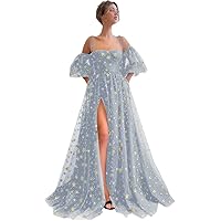 Basgute Women's Sparkly Starry Tulle Prom Dresses Puffy Sleeve Long Glitter Star Tea Length Formal Evening Party Gown