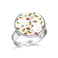 Tropical Flowers Pineapple Adjustable Rings for Women Girls, Stainless Steel Open Finger Rings Jewelry Gifts