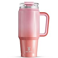Meoky 32 oz Tumbler with Handle, Insulated Tumbler with Lid and Straw, Stainless Steel Travel Mug, Keeps Cold for 24 Hours, 100% Leak Proof, Fits in Car Cup Holder (Flamingo)