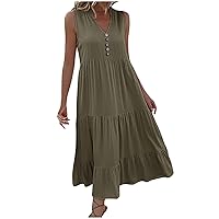 Summer Midi Dresses for Women Sleeveless Notch V Neck Boho Sundress Loose Casual Pleated Swing Flowy Tiered Beach Tank Dress