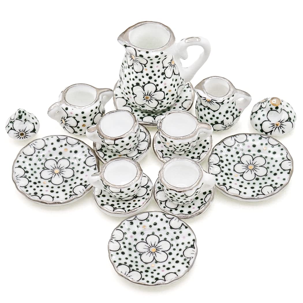 Odoria 1/12 Miniature Porcelain Tea Set 15Pcs Dollhouse Decoration Accessories, Plum Blossom