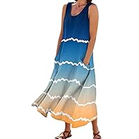Summer Dresses for Women 2024 Casual Stripe Print Boho Sundress Crew Neck Sleeveless Pockets Beach Maxi Dresses S-3XL