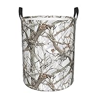 White Tree Camo Print Laundry Basket for Bathroom Laundry Hamper with Handles Collapsible Circular Hamper Waterproof Dirty Clothes Hamper Organizer Basket