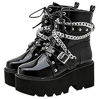 Parisuit Womens Goth Patent Ankle Boots Platform Chunky High Heel Lace Up Combat Boots Punk Short Booties