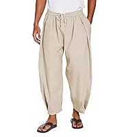 COOFANDY Men's Cotton Linen Harem Pants Drawstring Casual Cropped Trousers Lightweight Loose Beach Yoga Pants with Pockets