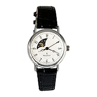 Peugeot Women 14K Plated Sun Moon Phase Vintage Dress Analog Watch with Leather Strap