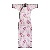 Women Qipao Mulberry Silk Lily Printed Mock Collar Connect Shoulder Sleeve Pink Evening Midi Dress 3625