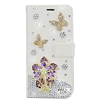 Crystal Wallet Case Compatible with iPhone 13 - Pretty Flower Butterfly - Purple - 3D Handmade Glitter Bling Leather Cover with Screen Protector & Beaded Phone Lanyard