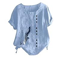 Oversized Crew Neck Linen Tops for Women Feather Printed Graphic Shorts Summer Short Sleeve Cotton Blend Tee Shirts