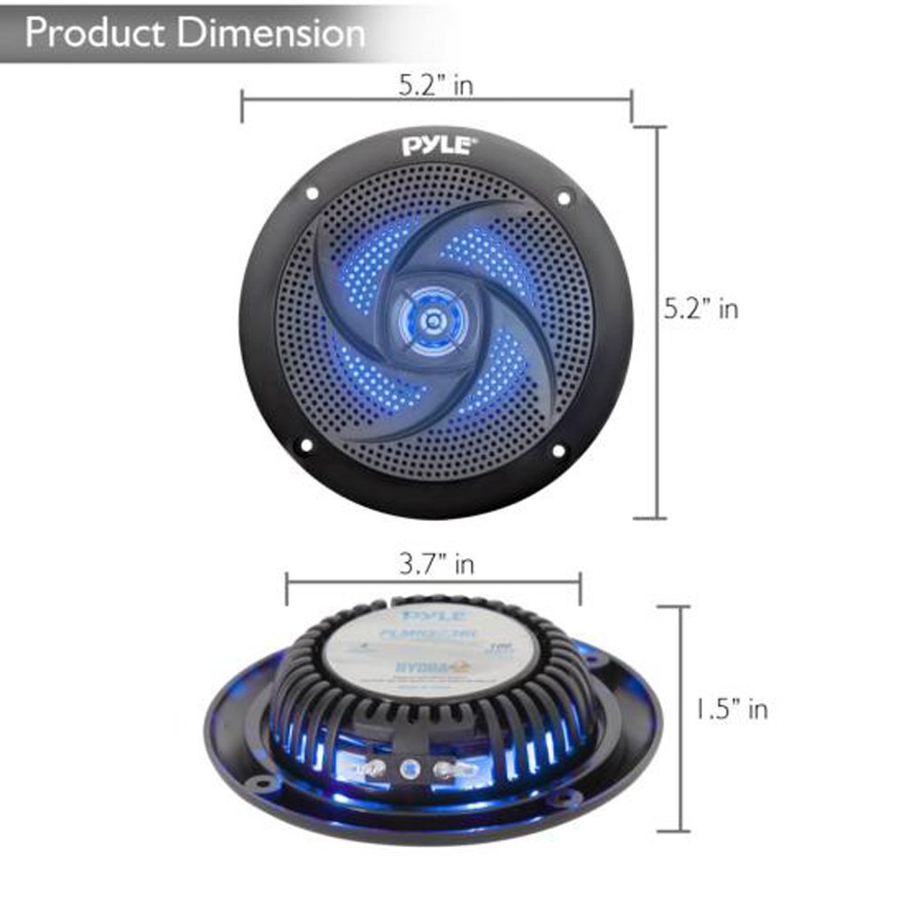 Low-Profile Waterproof Marine Speakers - 100W 4 Inch 2 Way 1 Pair Slim Style Waterproof Weather Resistant Outdoor Audio Stereo Sound System w/ Blue Illuminating LED Lights - Pyle (Black)