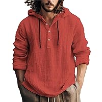 Men's Linen Hoodie Hippie Shirts Fashion Long Sleeve Button Up Drawstring Solid Casual Retro T Shirt Tops Sweatshirt Big&Tall