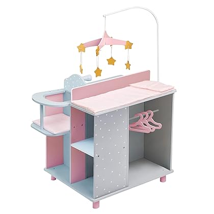 Olivia's Little World Baby Doll Changing Station, Baby Care Activity Center, Role Play Nursery Center with Storage for Dolls High Chair, Accessories for up to 18 Inch Dolls, Pink/Gray