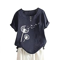 Women's Summer Cotton Linen Tops Vintage Dandelion Graphic Tee Shirts Roll-up Short Sleeve Button Down Tunic Blouse