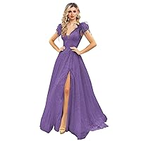 Women's V Neck Sequin Prom Dresses 2024 Feather Sequin Ball Gowns Off Shoulder Formal Wedding Dresses with Slit Purple