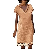 Summer Dresses for Women V Neck Cap-Sleeve Beach Tshirt Sundress Casual Cotton Linen Knee-Length Dress 2024 Fashion