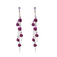 Rose Flower Drop Earrings For Women Purple Red Long Tassel Dangle Earrings Weddings Party Jewelry Accessories Gift