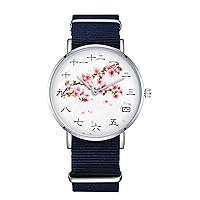 Sakura Tree Design Nylon Watch for Women Girls, Japanese Cherry Blossom Theme Wristwatch, Nature Lover Gift