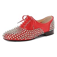 FSJ Women Spike Low Chunky Heel Oxford Shoes Studded Rivets Round Toe Comfortable Brogues Lace up Casual Unisex Dress Pump Shoes Size 4-16 US