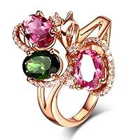 Fashion Design Gemstone Natural Tourmaline Real Diamond Wedding Anniversary 14K Rose Gold Band Ring Set