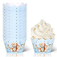 Whaline 36Pcs Baby Shower Cupcake Wrappers Blue Bear Cupcake Liners Cute Baby Bear Paper Baking Cup Decorative Cupcake Holders for Birthday Baby Shower Gender Reveal Party Cake Decorations