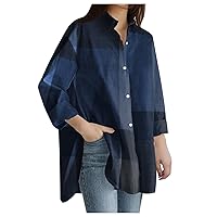 Thanksgiving T Shirts Plus Top Pocket Long Casual Plaid Button Women's Shirt Size Loose Blouse Sleeve Women's