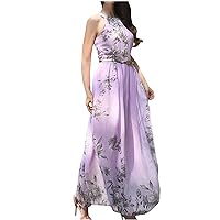 Womens Elegant Off The Shoulder Halter Dresses Trendy Floral Lace-Up Waist Boho Beach Maxi Dress