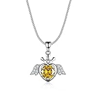 925 Sterling Silver Angle Wings Pendant Necklace, Gemstone Birthstone Necklace with 1ct Cubic Zirconia Fine Jewellery Gifts for Women Girls