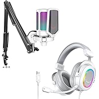 FIFINE Streaming RGB USB Microphone Gaming Headset Bundle, PC Condenser Mic Wired Headset on PS4/PS5, Gamer Kit Plug and Play for Recording, Online Game, Discord, Twitch-White (A6TW+H6W)