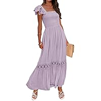 ZESICA Women's 2024 Summer Lace Strap Sleeveless Square Neck Smocked High Waist Ruffle Hollow Out Flowy A Line Maxi Dress