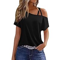 Womens Summer Tops,Off The Shoulder Tops for Women Short Sleeve One Shoulder Shirts Criss-Cross Solid Color Gradient Print Sexy Blouse Womens Short Sleeve Tops Medium