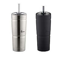 BUBBA BRANDS Envy S Vacuum-Insulated Stainless Steel Tumbler with Lid and Straw, Reusable Iced Coffee or Water Cup, BPA-Free Travel Tumbler, 24oz 2-Pack Black& Steel