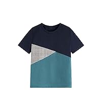 COZYEASE Boy's Short Sleeve Crewneck T Shirt Plaid Print Colorblock Tee Tops Casual Basic Tops