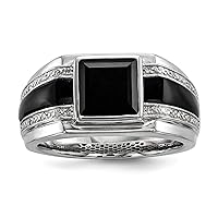 925 Sterling Silver Bezel Polished Prong set Diamond and Simulated Onyx Mens Ring Measures 11mm Wide Jewelry for Men - Ring Size Options: 10 11 9