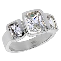 Sterling Silver Cubic Zirconia 3-Stone Ring Emerald Cut 1.2 ct Center Bezel Set, sizes 6-10