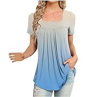 Women's 2024 Summer Tunic Tops Hide Belly Shirts Square Neck Short Sleeve Tshirt Loose Longline Blouse for Legging
