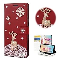 STENES Bling Wallet Phone Case Compatible with Samsung Galaxy A80 - Stylish - 3D Handmade Snow Deer Rhinstone Diamond Design Leather Cover Case - Red