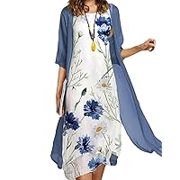 Floral Print Dress for Women with Jacket Two Piece Set Crewneck Sleeveless Wedding Guest Summer Flowy Midi Dress Simple