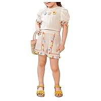 Girl's 2 Pieces Outfit Textured Tassel Trim 3D Flowers Puff Sleeve T Shirt and Shorts Set