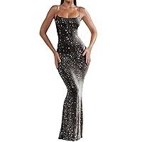 houstil Women's Sexy Rhinestone Mesh Dress Strap Maxi Perspective Cocktail Bodycon Wedding Guest Club Party Dresses
