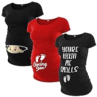 Pack of 3 Maternity Shirts for Women - Cute Funny Graphic Pregnancy Gifts for First Time Moms Ruched Sides Tops