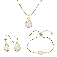Delicate Fine Iridescent Gemstone Faceted Briolette Teardrop Pear Shaped Drop French Wire Fish Hook Earrings Necklace Bracelet Jewelry Set For Women Yellow Gold Plated