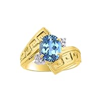 Rylos Greek Key Designer Ring with 9X7MM Gemstone & Diamond Accent – Chic Jewelry for Women and Girls in Yellow Gold Plated Silver – Available in Sizes 5-10