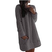 Women's Fuzzy Tunic Dress Casual Homewear Mini Dress Fleece Sweatshirt Dresses Plush Straight Dress with Pocket