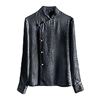 Women Blouse Silk Floral Pattern Pleated Mock Neck Long Sleeve Hand Button Retro Top 98
