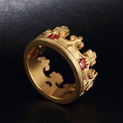 OAKKY Men's Women's Stainless Steel Round Cubic Zirconia Inlaid Vintage Domineering Royal King Crown Cross Ring